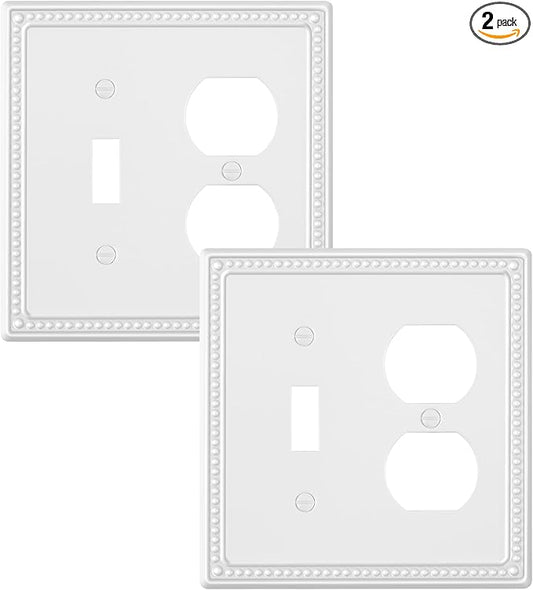 2-Pack Combo Toggle/Duplex Light Switch Cover Plate, Pure White Metal Wall Outlet Cover Plate, Decorative Classic Beaded Wall Socket Receptacle Cover for Electrical Outlets, Light Switch