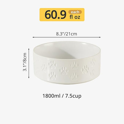 Ceramic Dog Bowl Set, 8.3" Food and Water Bowls with Anti-Slip Rings for Large Breed Dogs, 7.5 Cup Pet Dishes for Large-Sized Dogs, Dishwasher Safe (Double Bowls - White, 8 inch)