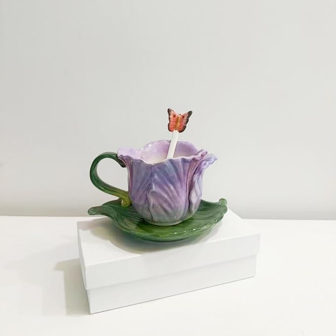 Ceramic Tea Cup and Saucer Set ，8OZ 3D Hand-Painted Flower Coffee Mug，Gift - Image 3