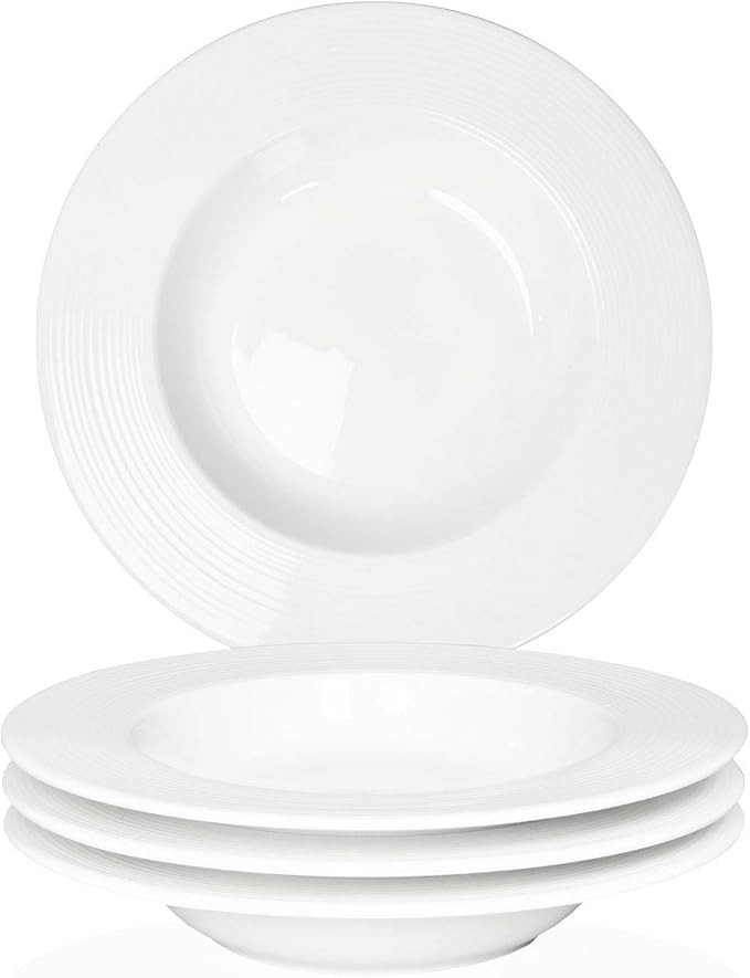 Soup bowl rim Plate Set of 4, 9.1 inch Ceramic Rimmed Pasta Plates, by Dingdaer