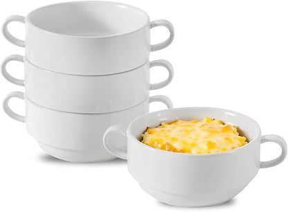Soup Bowls, 22 oz French Onion Soup Bowls with Handles, Stackable Ceramic Bowls Set of 4, Dinner Bowls for Chili, Beef Stew, Soup, Cereal, Oven Microwave Dishwasher Safe, Matte White