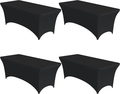 4-Pack Black Spandex Tablecloths – 96"x30"x30" Stretch Fitted Table Covers for 8ft Rectangle Folding Tables, Wrinkle-Resistant Tablecloth for Wedding, Banquet & Outdoor Events