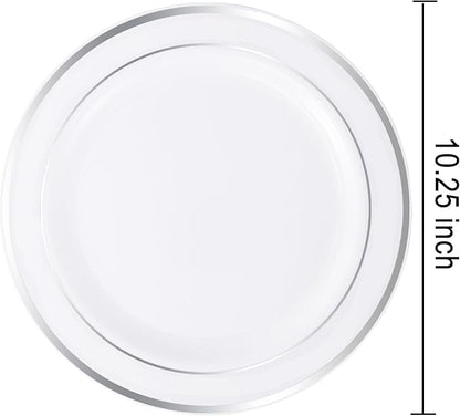 bUCLA 30PCS Silver Plastic Dinner Plates - Premium Heavy Duty 10.25inch Silver Disposable Party Plates, White and Silver Plastic Plates for Wedding & Christmas