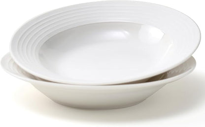 8.7-inch Wide Rim Ceramic Soup Bowl - Lead-Free White Pasta Bowls for Spaghetti, Salad, Stew, Rice Microwave & Dishwasher Safe - Scratch-Resistant & Heatproof Design Set of 2