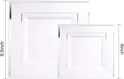 Liacere 100PCS White and Silver Square Plastic Plates - 50PCS Heavy Duty 9.5inch White Dinner Plate and 50PCS 6inch Dessert Plates-Silver Disposable Plate for Party＆Wedding＆New Year&Chrismas