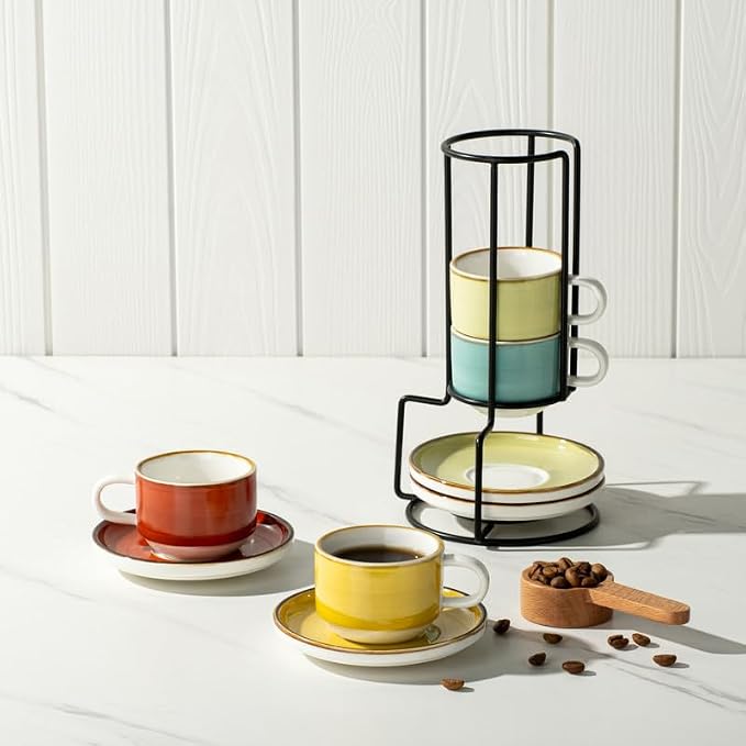 ONEMORE 2.5 Oz Espresso Cups Set of 4, Stackable Porcelain Coffee Cups - Image 9