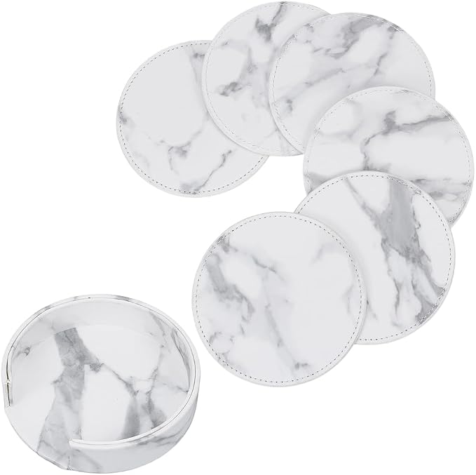 6PCS White Marble Non Slip PU Leather Coasters by QUALITYCALFOVERA