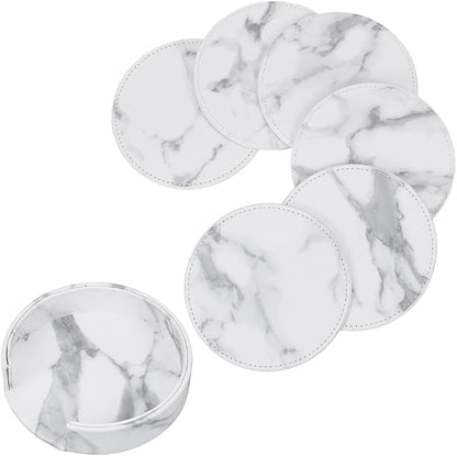 6PCS White Marble Non Slip PU Leather Coasters by QUALITYCALFOVERA