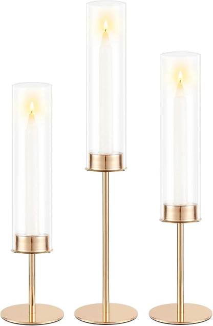 Gold Candle Holders Set of 3 for Glass Taper Candle Holders,Hurricane Candlestick Holder for Home Decor, Wedding, Dinning, Party Decorative, Anniversary (3,Gold)