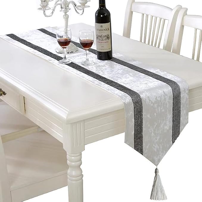Elegant Sequin Rhinestone Creamy White Table Runner, Ombre Velvet, Double-Layer - Image 2