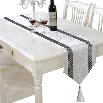 Elegant Sequin Rhinestone Creamy White Table Runner, Ombre Velvet, Double-Layer - Image 2