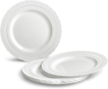 " OCCASIONS " 50 Plates Pack (25 Guests)-Extra Heavyweight Vintage Wedding Disposable/Reusable Plastic Plates -25x11'' Dinner + 25x8.25'' Salad/Dessert (Chateau Collection White)