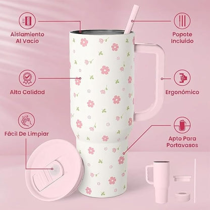 Floral 40oz Tumbler with Handle and Straw – Flowers Insulated Stainless Steel - Image 2
