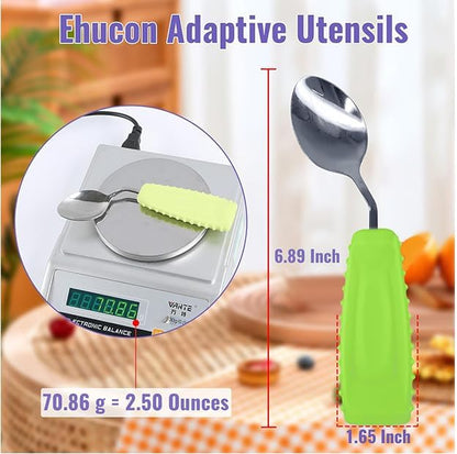 Adaptive Utensils Angled Spoon and Fork for Hand Tremors Parkinsons,Weighted Utensils with Non-Slip Easy Grip Handles for Independent Eating (1pcs Spoon+1pcs Fork=2 pcs,Green,Right Hand)