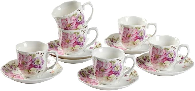 GuangYang 7 oz Porcelain Tea Cups and Saucers Set of 6, Cappuccino, by HOME