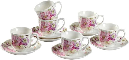 GuangYang 7 oz Porcelain Tea Cups and Saucers Set of 6, Cappuccino, by HOME
