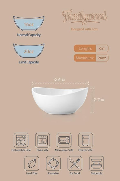 Porcelain Bowls, 20 OZ Ceramic Serving Bowls for Ceral,Stackable Set of 6 Plates for Condiment Souup, Fruits, Rice, Pure White (6 Inch(20 Ounce))