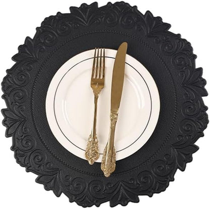 Noctiflorous Round Faux Leather 15 Inch Placemats Set of 6 Waterproof Wipeable Heat Resistant Tablemat for Dining Table Kitchen Non Slip Washable Oilproof Table Place Mat for Indoor Outdoor(Black, 6)