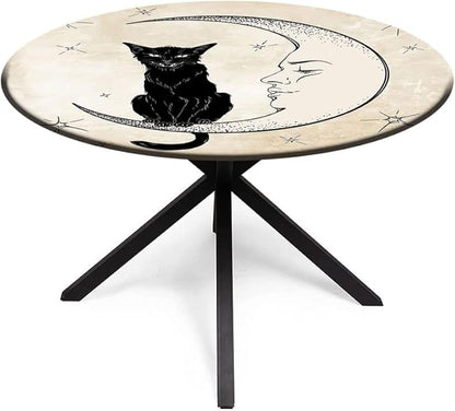 Round Edge Closing Tablecloth, Moon Elastic Edged Tablecloth, Black Cat Sitting on White Crescent Moon, Fit Round Tables 39inch Diameter, for Dining Room/Party/Banquet Decoration, Sand Brown Black