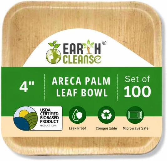 4" Areca Palm Leaf Square Bowls Compostable Biodegradable Eco-Friendly Bowls Natural Disposable Bowls, Perfect for Picnic Catering, Dessert, and Wedding (Pack of 100)