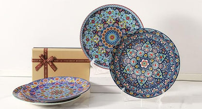 HASENSE Dinner Plate Set of 4, 10.5 Inch Porcelain Plates for Kitchen, Large Salad Plates for Steak, Dishes Set for Restaurant, Microwave, Oven & Dishwasher Safe for Christmas Gift, Bohemian