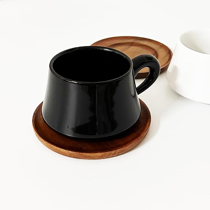 Black Cappuccino Mug and Wood Saucer - 7 oz Ceramic Coffee Cup - Image 2