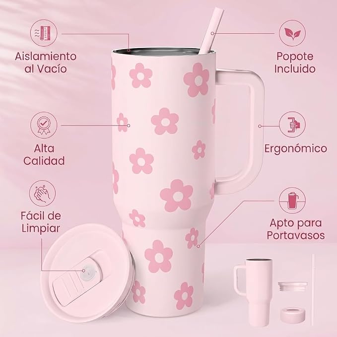 Floral Tumbler with Handle and Straw 40oz Stainless Sleel Slider Tumbler Travel - Image 2