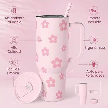 Floral Tumbler with Handle and Straw 40oz Stainless Sleel Slider Tumbler Travel - Image 2