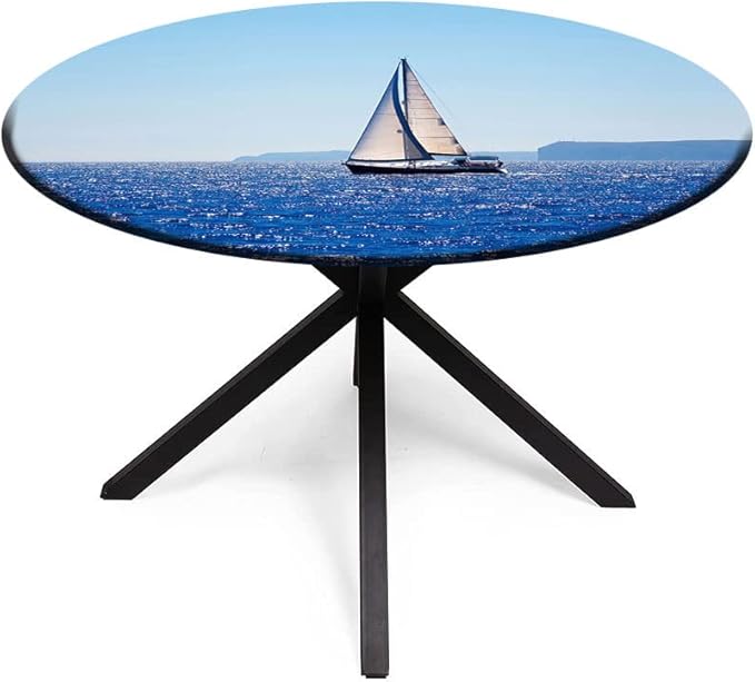 Polyester Tablecloth, Ocean Waterproof Oil-Proof PVC Table Cloth, Blue Mediterranean Sailboat Sailing in Round Tables 39inch Diameter, for Wedding Party Dining Banquet Use, Blue