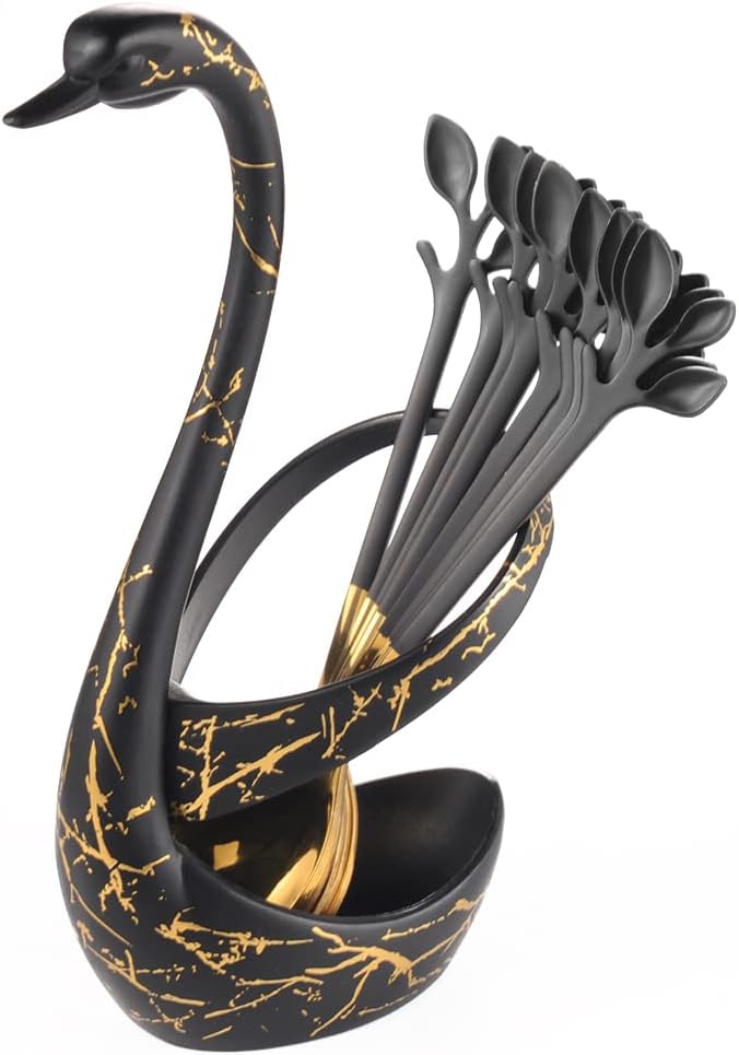 AnSaw Black Swan Base With 10-Pcs Mini Leaf Coffee Spoon Holder Set - Image 6