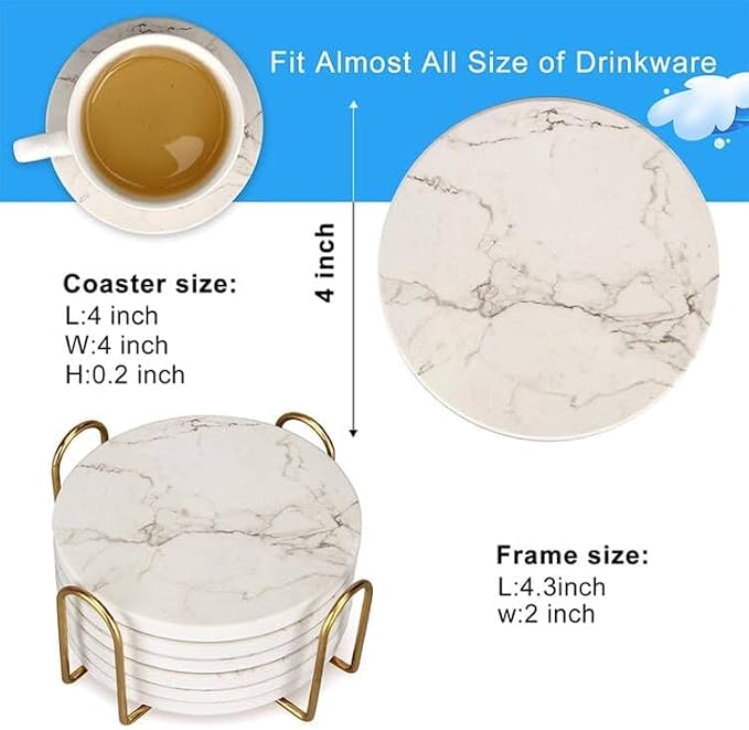 White Marble Coasters Set of 6 Absorbent Ceramic Cute Drink Coaster Holder | - Image 8