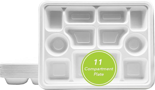 three leaf 11 Compartment Bagasse Rectangular Plate, 25 Ct. PFAS-Free, Heavy Duty, Sugarcane Fiber, Eco Friendly Disposable, 100% Biodegradable, Microwave and Freezer Safe, Ideal for Lunch, Buffet