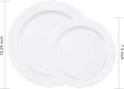 U-QE 100 Pieces White Plastic Plates - White Disposable Plates - Premium Hard Plastic Disposable Plates for Wedding and Party Use Including 50 Dinner Plates 10 '' & 50 Dessert Plates 7.5 ''