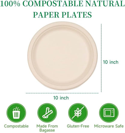 RACETOP Compostable Paper Plates 10 Inch [500 Pack], Disposable Biodegradable Heavy Duty Paper Plates, Made of Natural Sugarcane Fibers, Unbleached Brown, Round