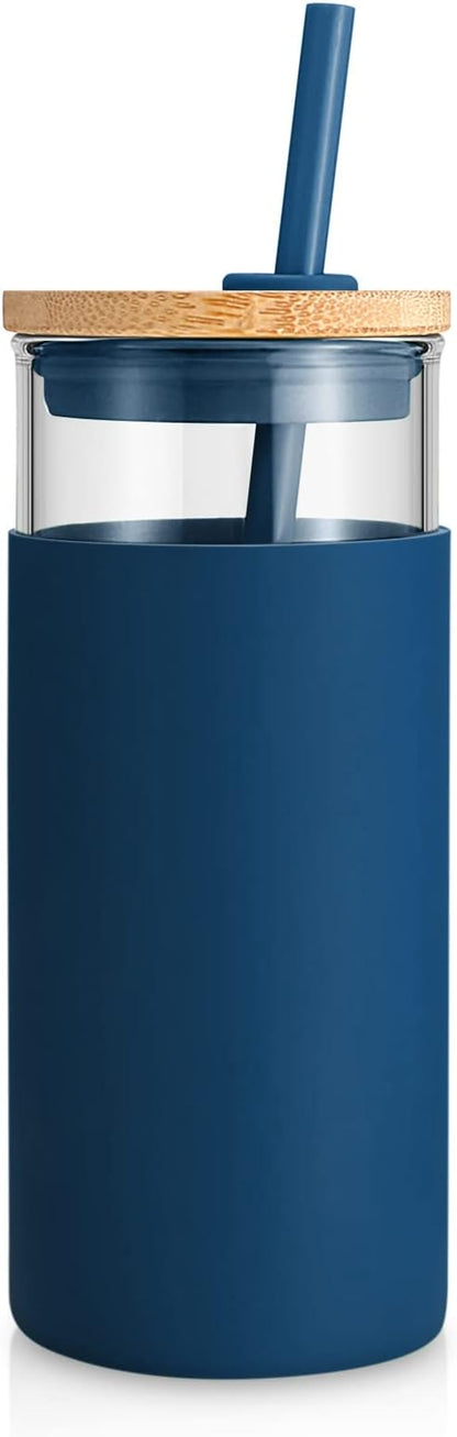 Tronco 20 oz Glass Tumbler with Lid and Straw, Iced Coffee Cup and Smoothie Cup with Bamboo Lids & Protective Silicone Sleeve, Dishwasher Safe, BPA-Free, Glass Cup 1 Pack