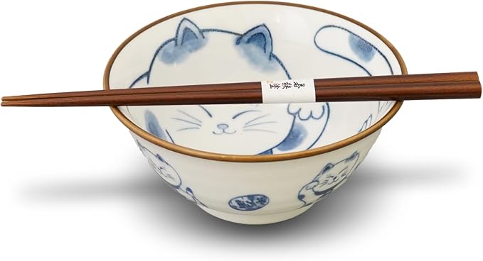 Mino Ware Cat-Design Rice Bowl & Wakasa-Nuri Wooden Chopsticks Pair Set - Image 3