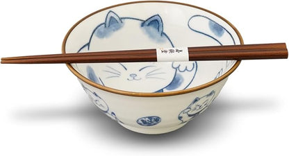 Mino Ware Cat-Design Rice Bowl & Wakasa-Nuri Wooden Chopsticks Pair Set - Image 3