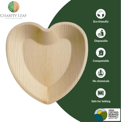 Charity Leaf Disposable Palm Leaf 8" Heart Plates (100 pieces) Bamboo Like Serving Platters, Disposable Boards, Eco-Friendly Dinnerware For Weddings, Catering, Events
