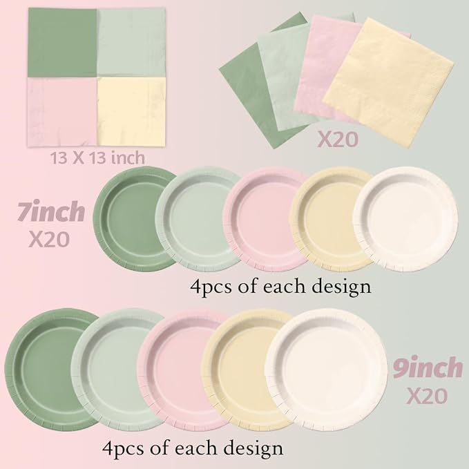 CMUSKO Pink and Green Birthday Decorations-60Pcs Dusty Pink Sage Green Plates & - Image 4