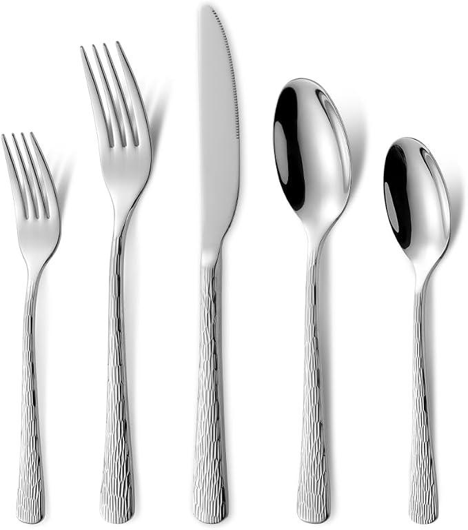 Black Hammered Silverware Set, Heavy Duty Flatware Set, 18/10 Stainless Steel by MetalServingUtensils
