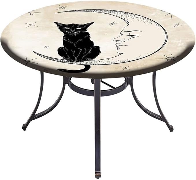 Elastic Tablecloth, Moon Decorative Fabric Table Cover for, Black Cat Sitting on White Crescent Moon, Fit Round Tables 23inch Diameter, for Indoor Outdoor Fits, Sand Brown Black