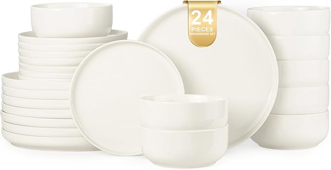 EWFEN Plates and Bowls Sets, 24 Pieces Ceramic Dinnerware Set by EWFEN