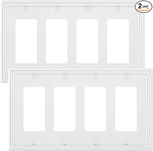 2-Pack Quad Decorator Outlet Cover Plate, Pure White Pearls Decorative Switch Plates and Outlet Covers, Metal Wall Plates for Electrical Outlets