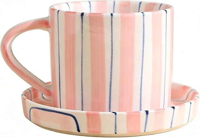 Hand-Painted Ceramic Coffee Mug and Saucer Set, 8 oz Artisan Striped Porcelain by CACXKEP