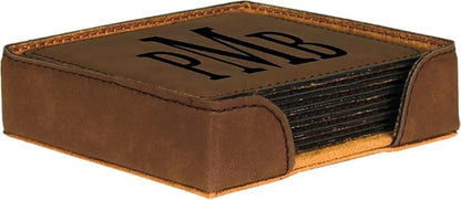 Custom Engraved Coasters | Personalized Leather Coaster | Set of 6 | Drink Coasters with Holder | Laser Engraved | Tabletop Protection | Gift for Couples (Square 4" x 4", Dark Brown w/Black)