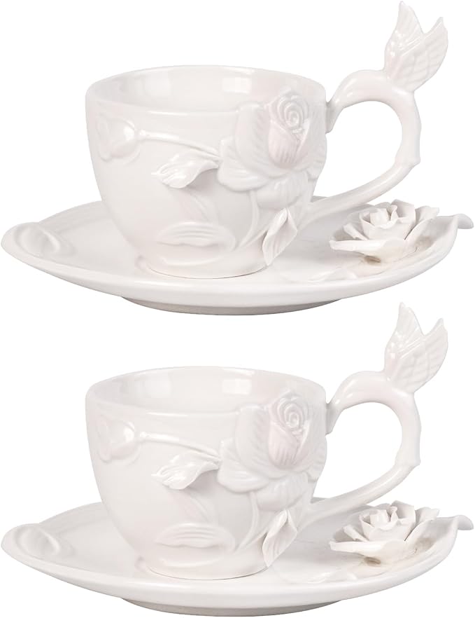 KAMMAK Tea Cups and Saucers Set of 2, 8.5 oz Porcelain Coffee Cups, 566N | by KAMMAK
