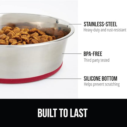 GORILLA GRIP Set of 2 Dog Bowls, Holds 6 Cups (48 fl oz), Heavy Duty Metal Food and Water Bowl for Feeding Dogs and Cats, Dishwasher Safe, Rust Resistant Stainless Steel, BPA Free Rubber Base, Red