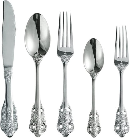 Silverware Set for 12 Premium 18/10 Stainless Steel Flatware Set Palace Style 60 Piece Cutlery Tableware Utensils Embossed Decorative Handle Knives Forks and Spoons for Home Christmas Wedding