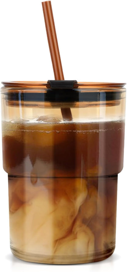 Luxfuel 13 oz Glass Cups with Lids and Straws Reusable Iced Coffee Tumbler | by Luxfuel