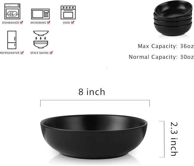 Selamica Ceramic Pasta Bowls Set of 4, Stackable Serving Bowl, Microwave - Image 2